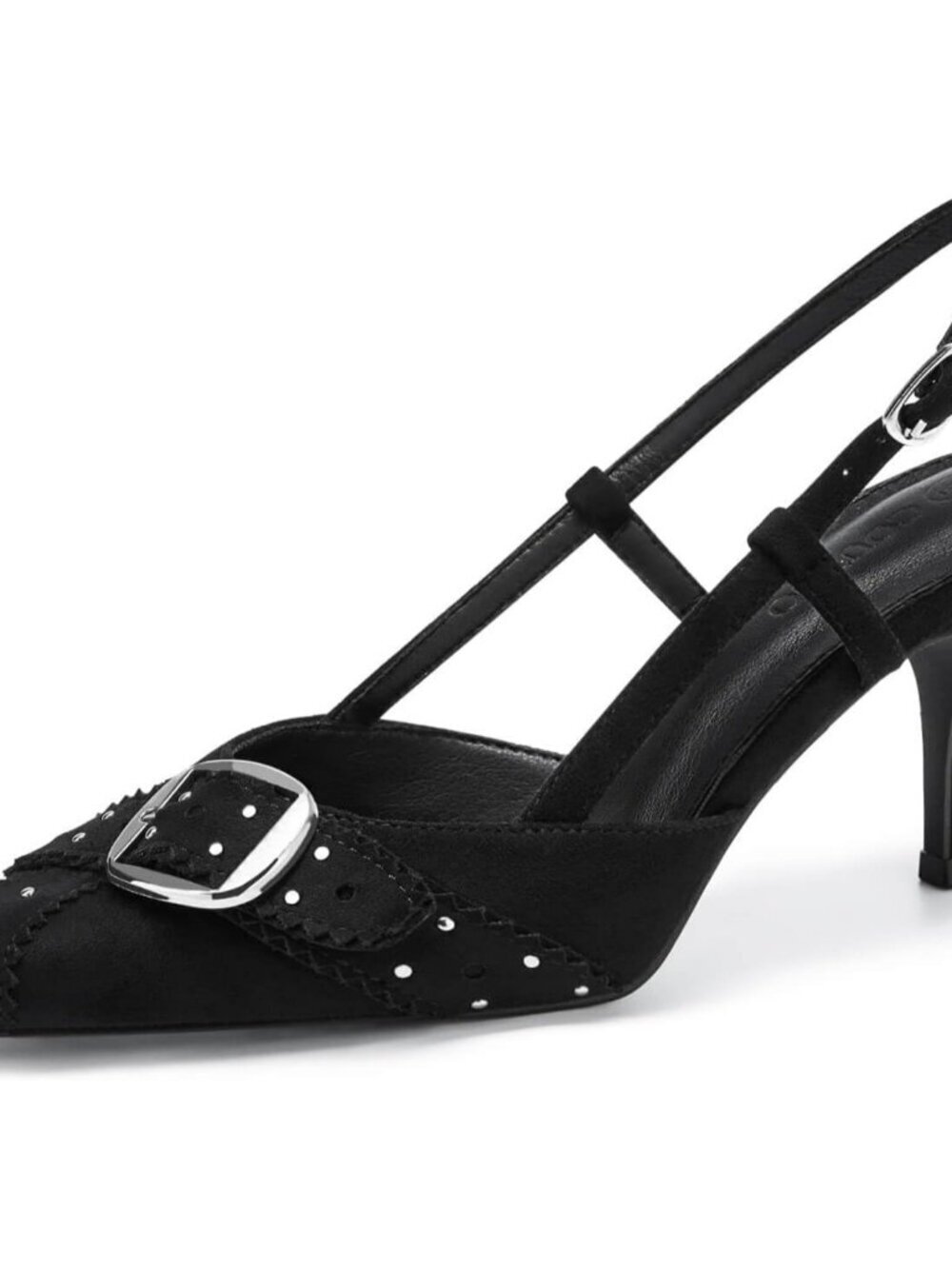 Coutgo Women's Suede Black Pointed Toe Slingback Buckle Ankle Strap Heel Shoes